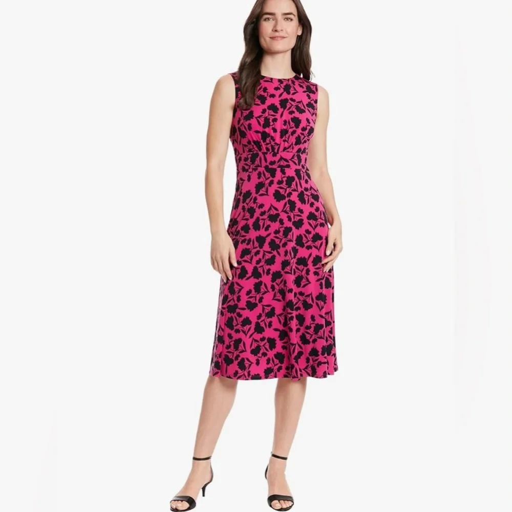 NWT London Times Women's Sleeveless Midi Fit & Flare Dress Pink Black Floral 6P